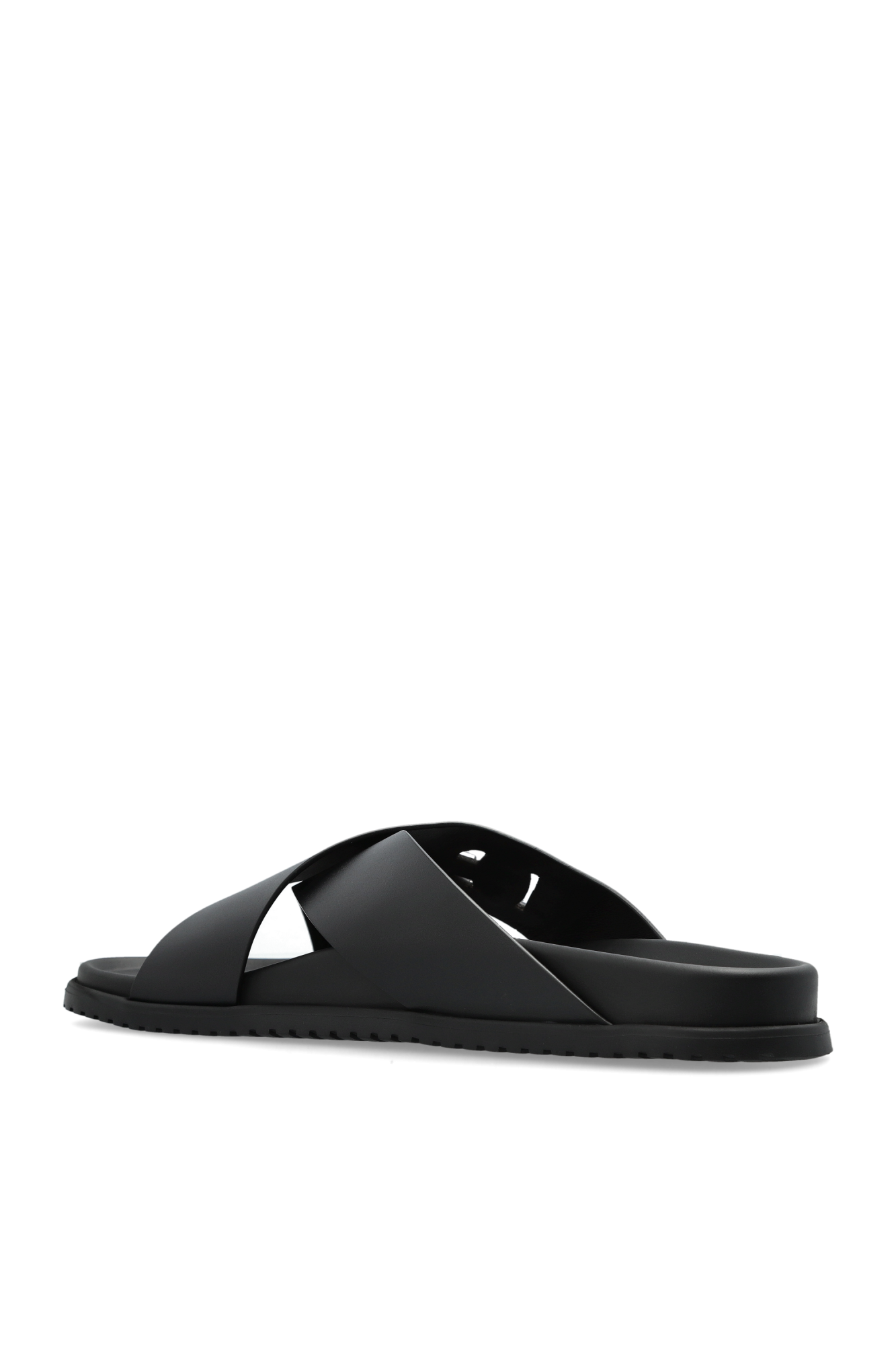 ◆完売前に◆【Dolce&Gabbana】ロゴ レザー スライド Black Leather slides with logo-shaped appliqué Dolce